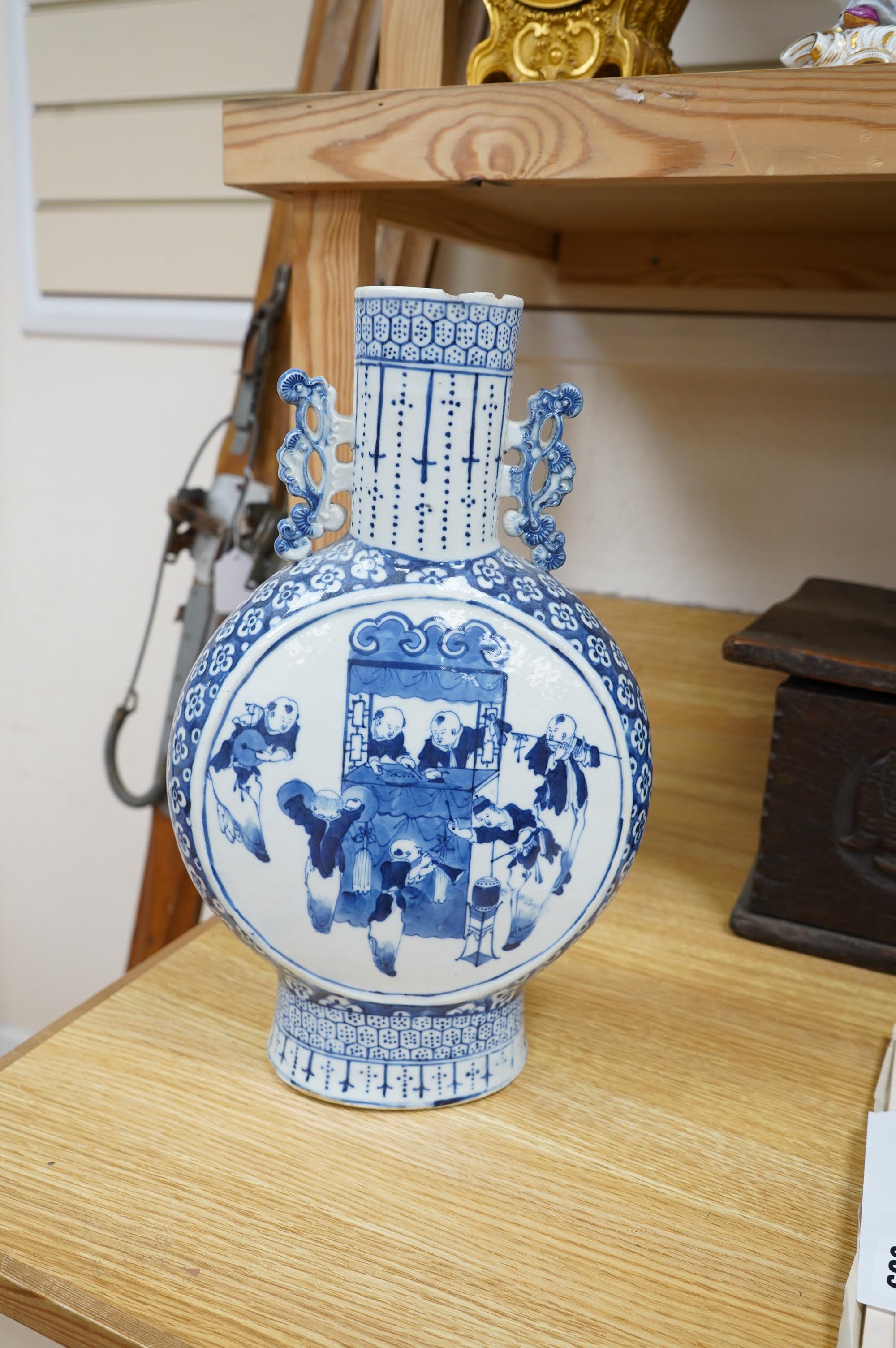 A Chinese blue and white moon flask, 36.5cm high. Condition fair, chips and hairline crack to the rim